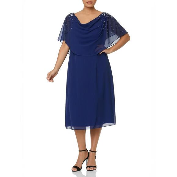 Jessica Howard Shift Dress 14 Royal Blue Beaded Sheer Cape Elegant Formal Draped - Picture 1 of 12